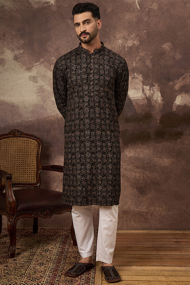 Black Viscose Rayon Embroidered Mandarin Collar Straight Kurta | SHOBITAM