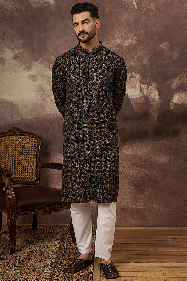 Black Viscose Rayon Embroidered Mandarin Collar Straight Kurta | SHOBITAM