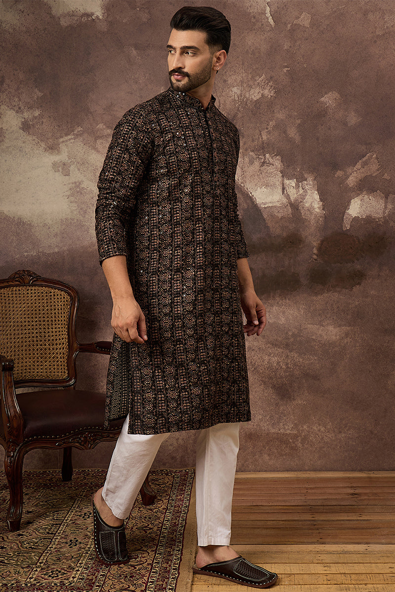 Black Viscose Rayon Embroidered Mandarin Collar Straight Kurta | SHOBITAM