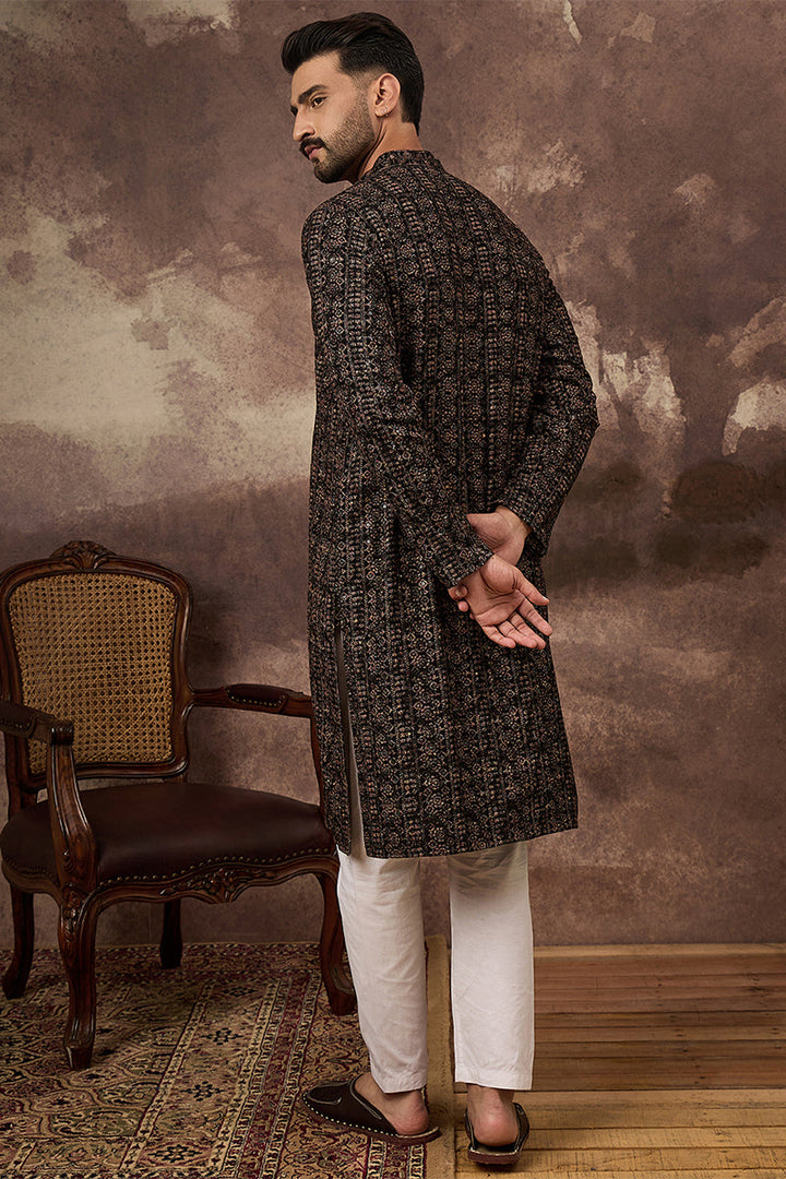 Black Viscose Rayon Embroidered Mandarin Collar Straight Kurta | SHOBITAM