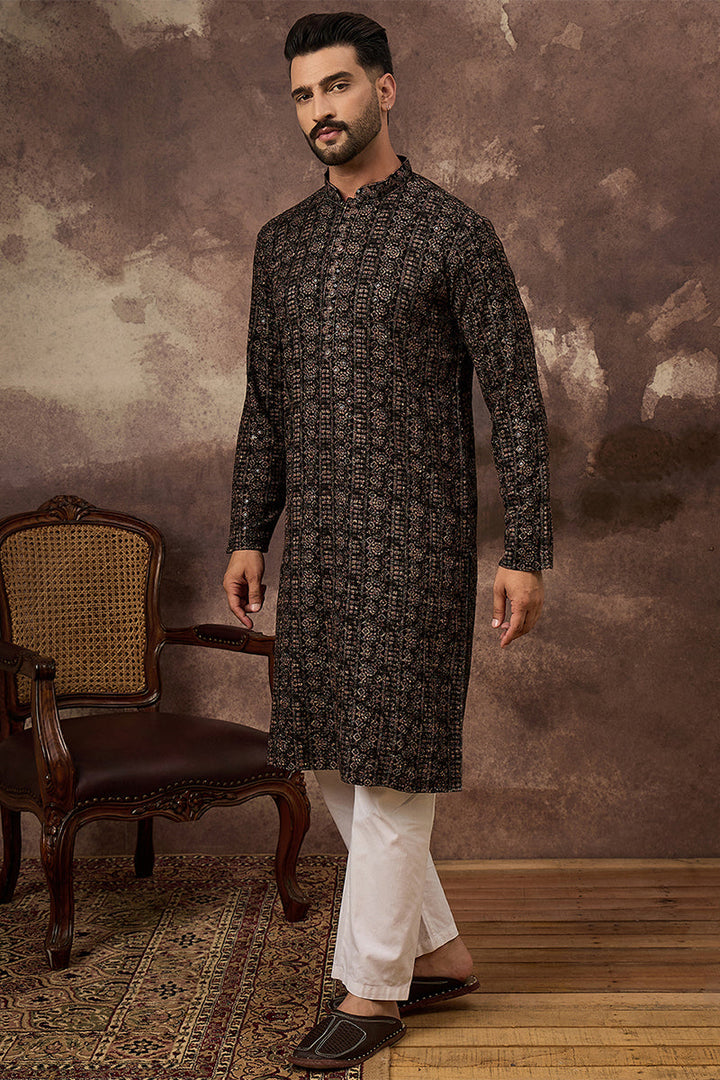 Black Viscose Rayon Ethnic Motifs Embroidered Straight Kurta With Pant Set | SHOBITAM