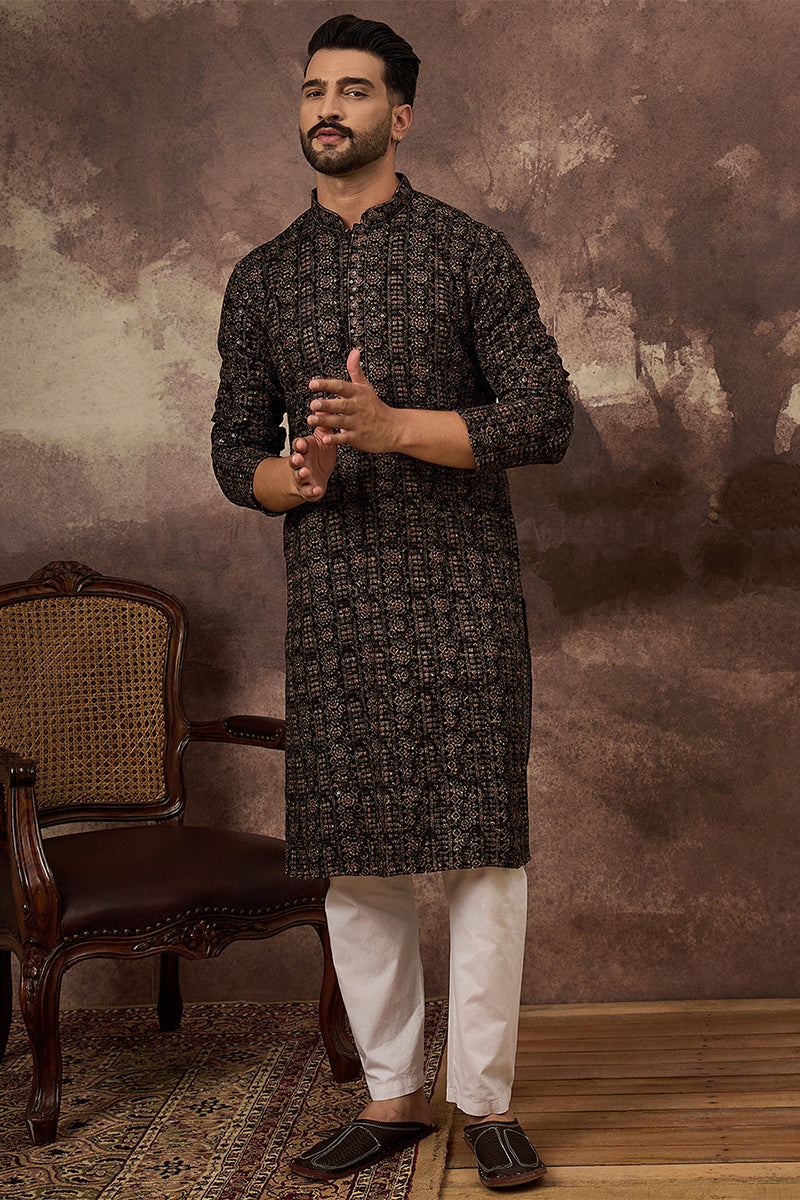 Black Viscose Rayon Ethnic Motifs Embroidered Straight Kurta With Pant Set | SHOBITAM