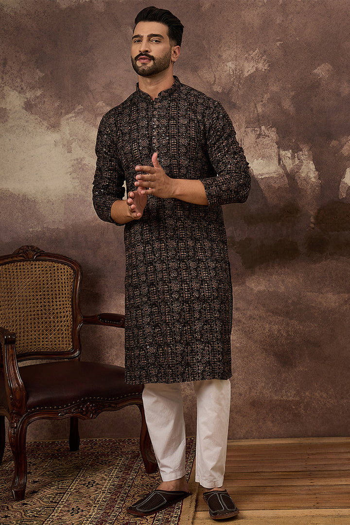 Black Viscose Rayon Ethnic Motifs Embroidered Straight Kurta With Pant Set | SHOBITAM