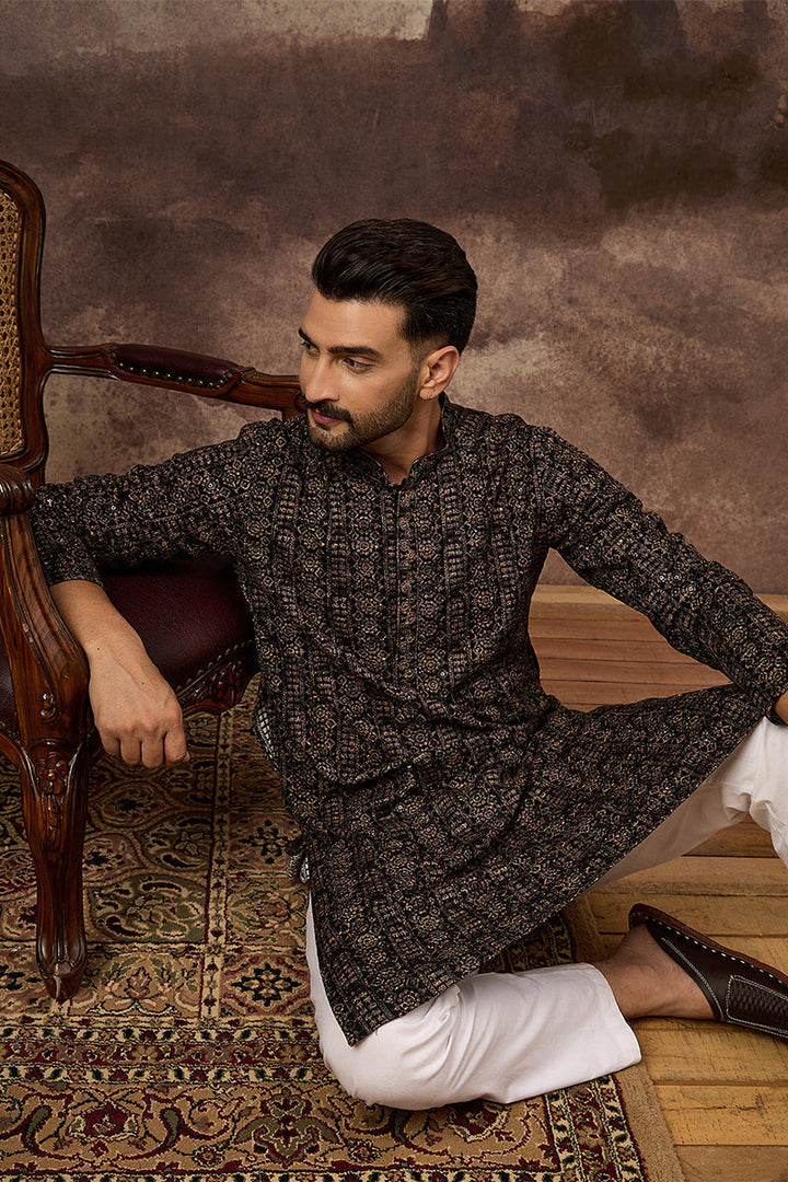 Black Viscose Rayon Ethnic Motifs Embroidered Straight Kurta With Pant Set | SHOBITAM