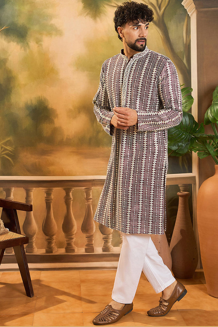 Purple Viscose Rayon Embroidered Straight Kurta With Trousers | SHOBITAM
