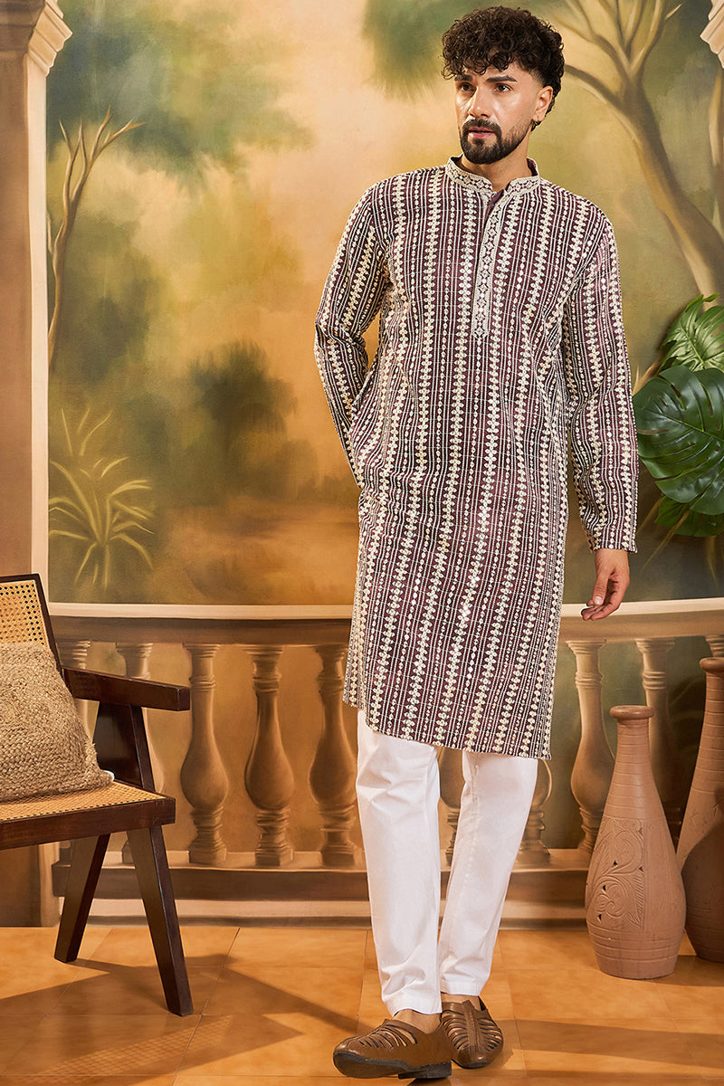 Purple Viscose Rayon Embroidered Straight Kurta With Trousers | SHOBITAM