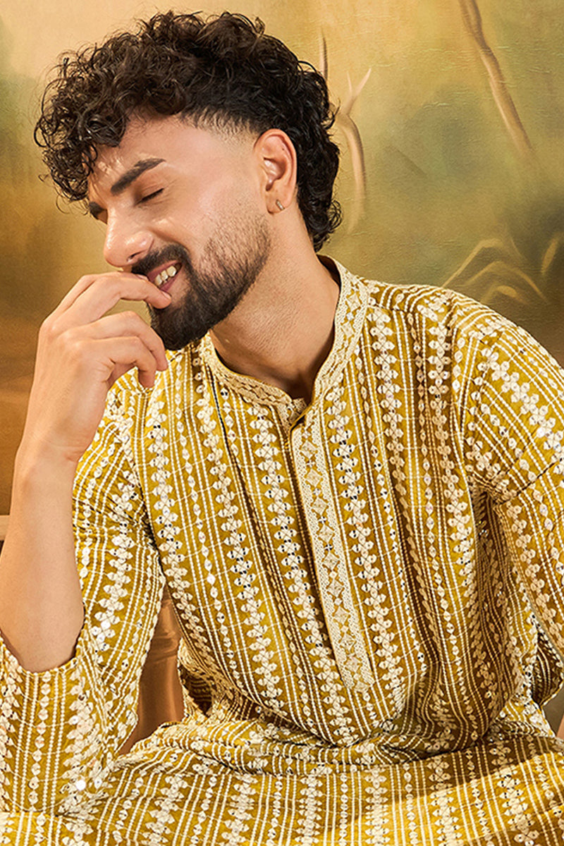 Mustard Viscose Rayon Embroidered Straight Kurta | SHOBITAM