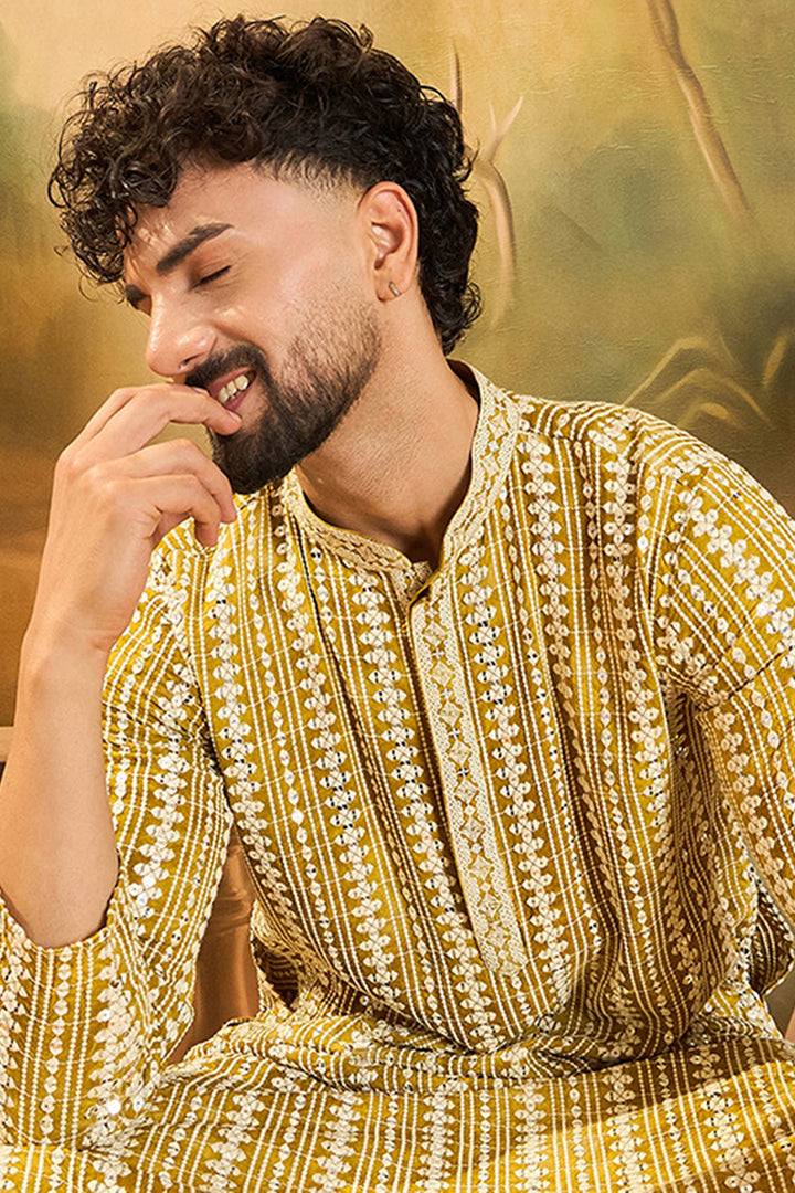 Mustard Viscose Rayon Embroidered Straight Kurta | SHOBITAM
