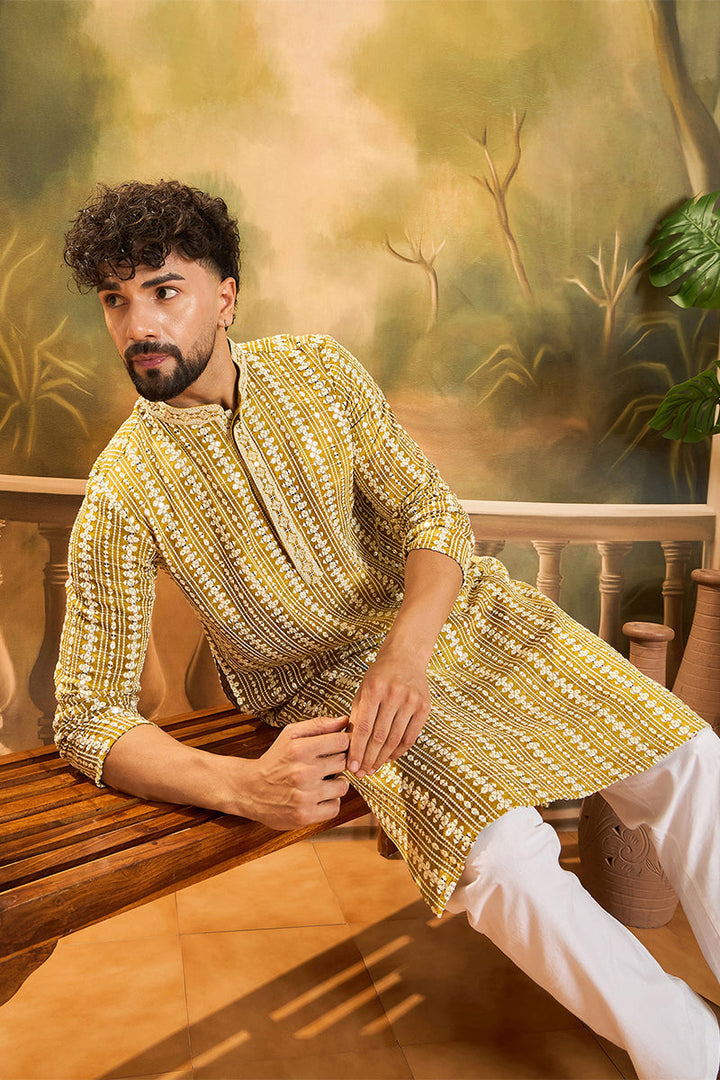 Mustard Viscose Rayon Embroidered Straight Kurta With Trousers | SHOBITAM