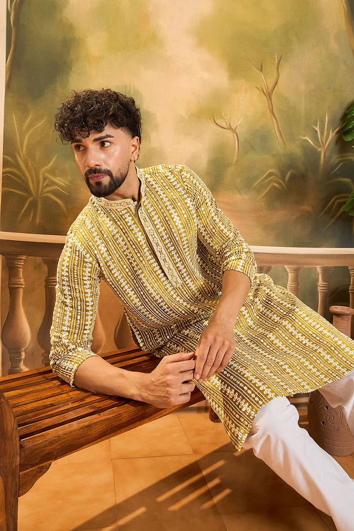 Mustard Viscose Rayon Embroidered Straight Kurta | SHOBITAM