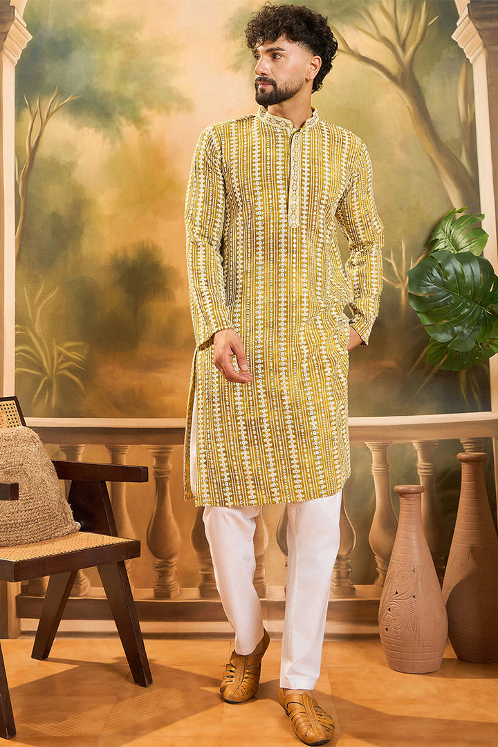 Mustard Viscose Rayon Embroidered Straight Kurta With Trousers | SHOBITAM