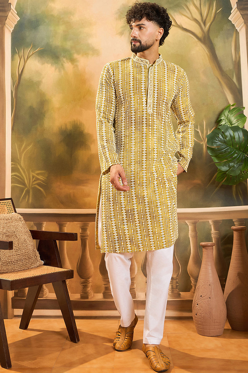 Mustard Viscose Rayon Embroidered Straight Kurta | SHOBITAM