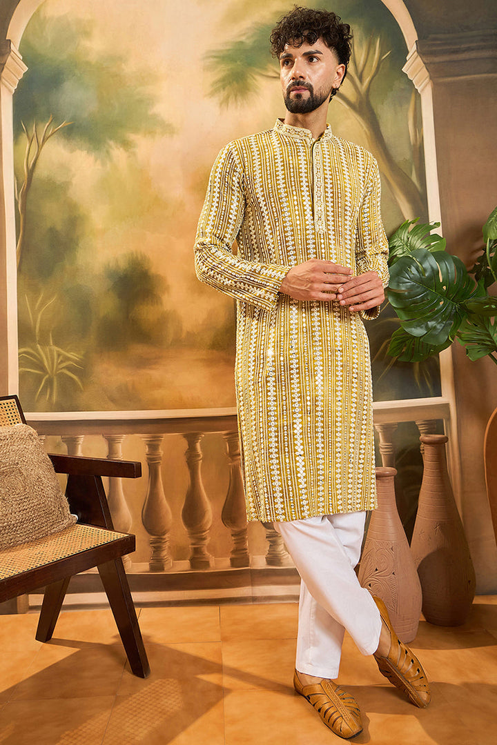 Mustard Viscose Rayon Embroidered Straight Kurta | SHOBITAM