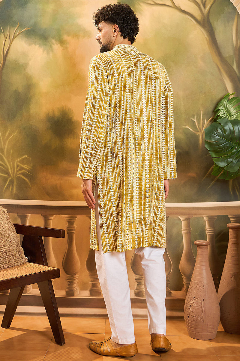 Mustard Viscose Rayon Embroidered Straight Kurta With Trousers | SHOBITAM