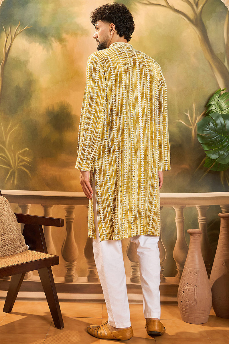 Mustard Viscose Rayon Embroidered Straight Kurta | SHOBITAM