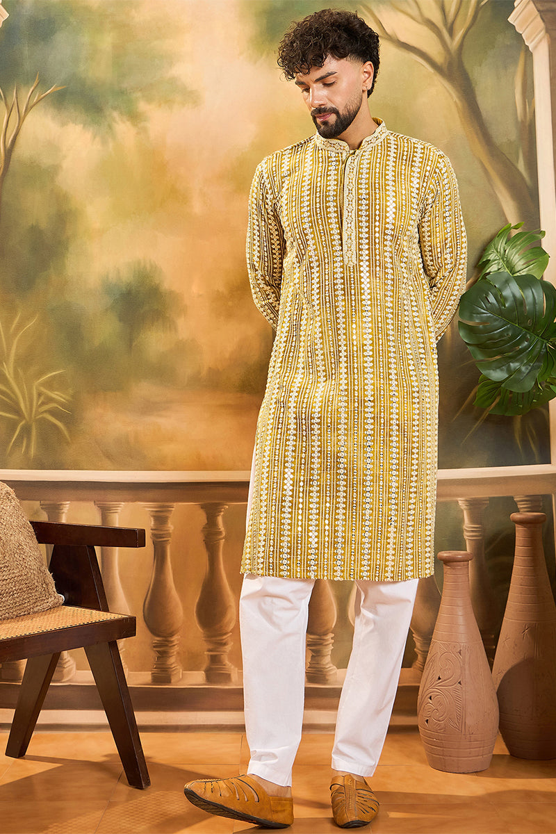 Mustard Viscose Rayon Embroidered Straight Kurta With Trousers | SHOBITAM