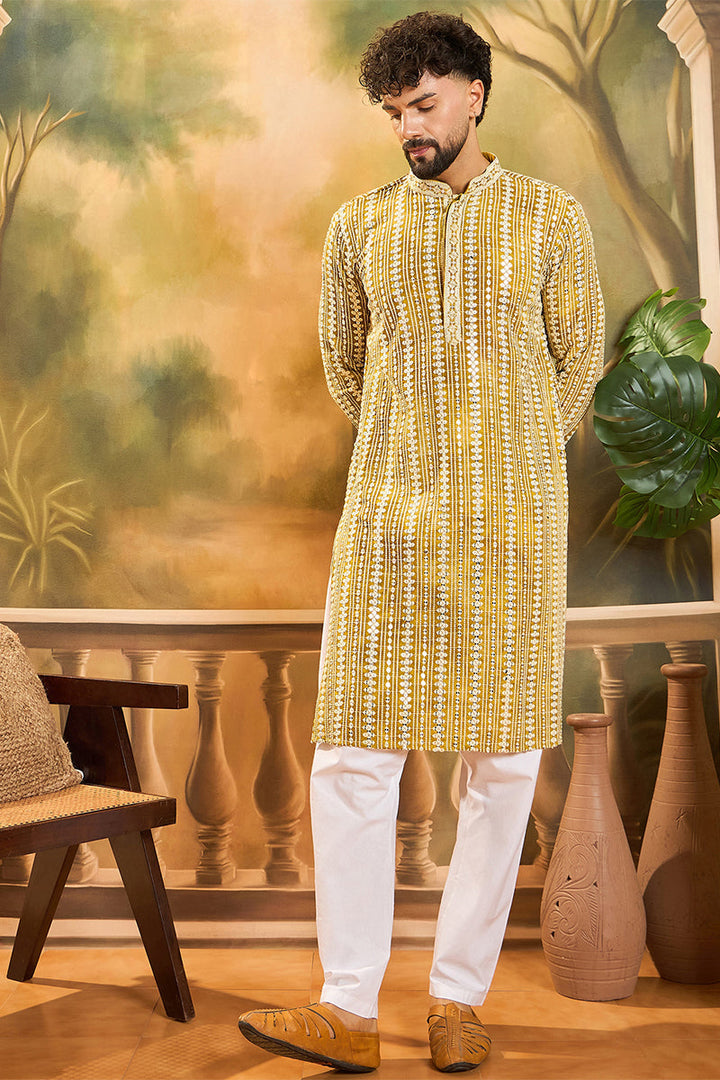 Mustard Viscose Rayon Embroidered Straight Kurta With Trousers | SHOBITAM