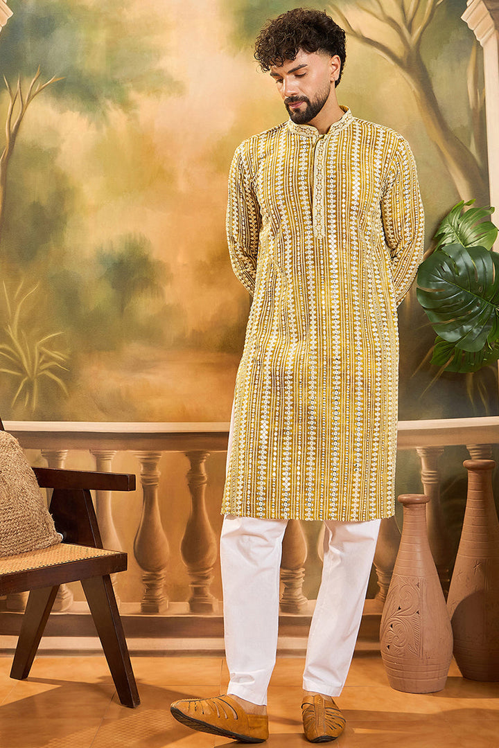 Mustard Viscose Rayon Embroidered Straight Kurta | SHOBITAM