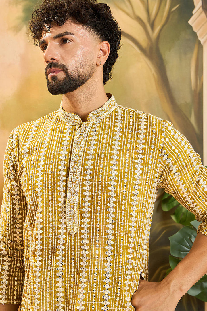 Mustard Viscose Rayon Embroidered Straight Kurta With Trousers | SHOBITAM