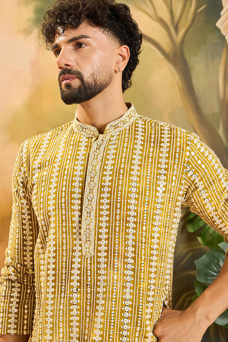 Mustard Viscose Rayon Embroidered Straight Kurta | SHOBITAM