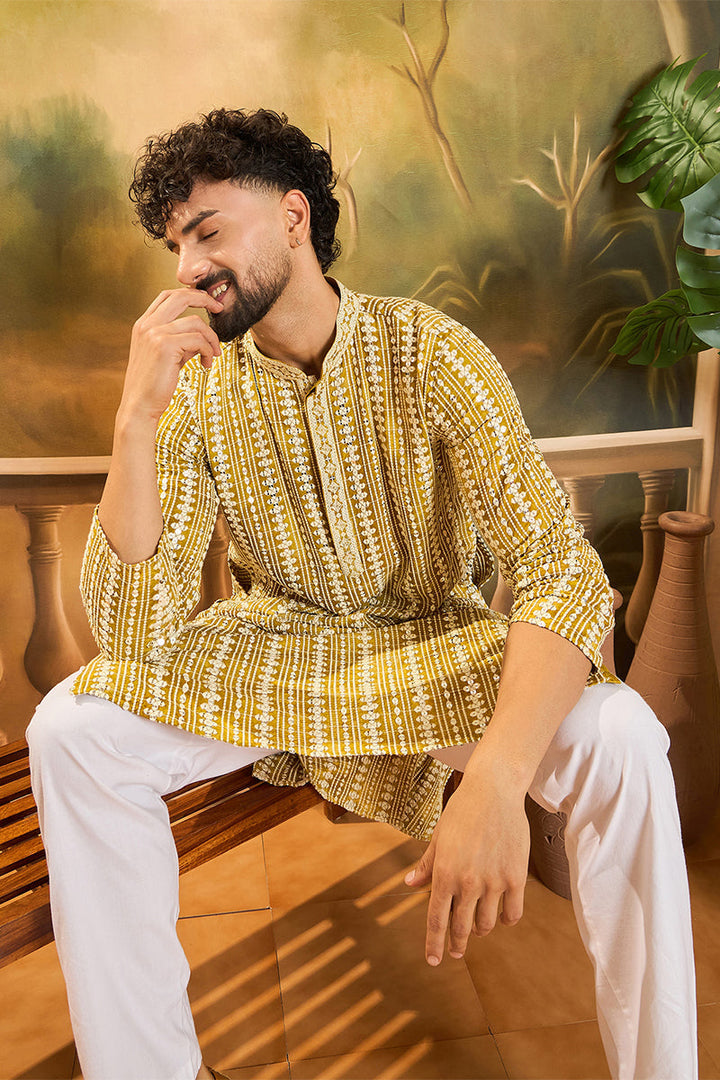 Mustard Viscose Rayon Embroidered Straight Kurta With Trousers | SHOBITAM