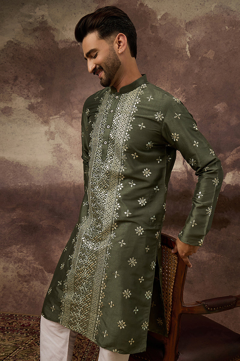 Green Silk Blend Solid Embroidered Straight Kurta | SHOBITAM
