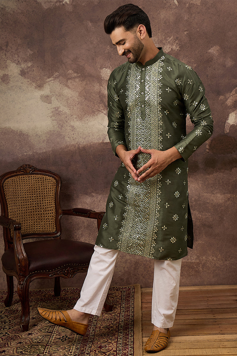 Green Silk Blend Solid Embroidered Straight Kurta | SHOBITAM