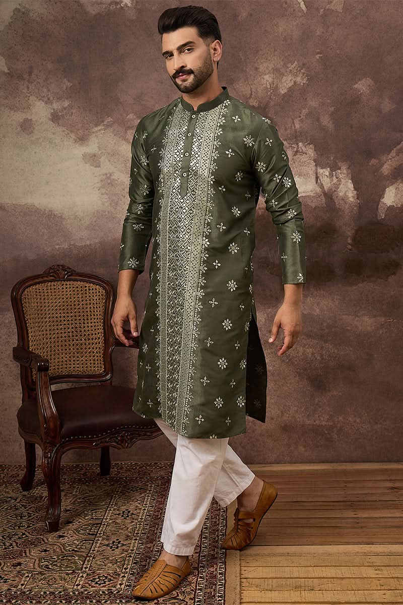 Green Silk Blend Solid Embroidered Straight Kurta With Pant Set | SHOBITAM