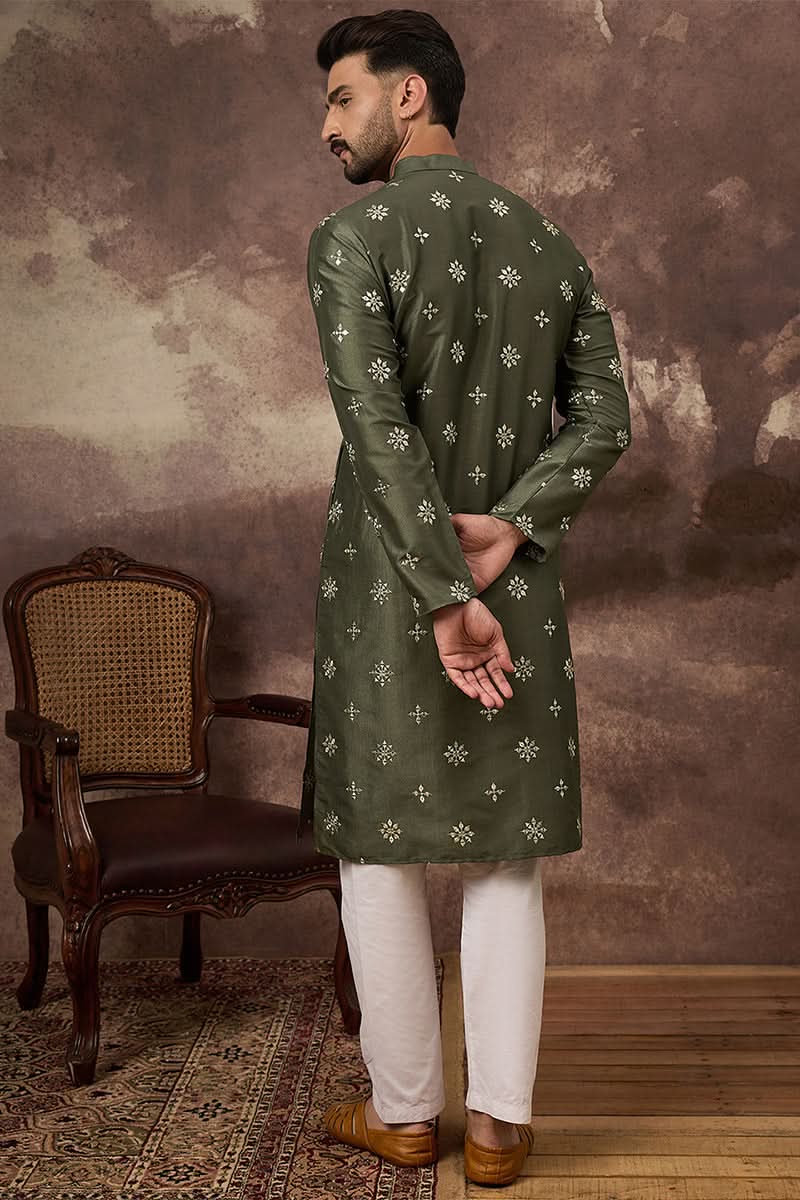 Green Silk Blend Solid Embroidered Straight Kurta With Pant Set | SHOBITAM