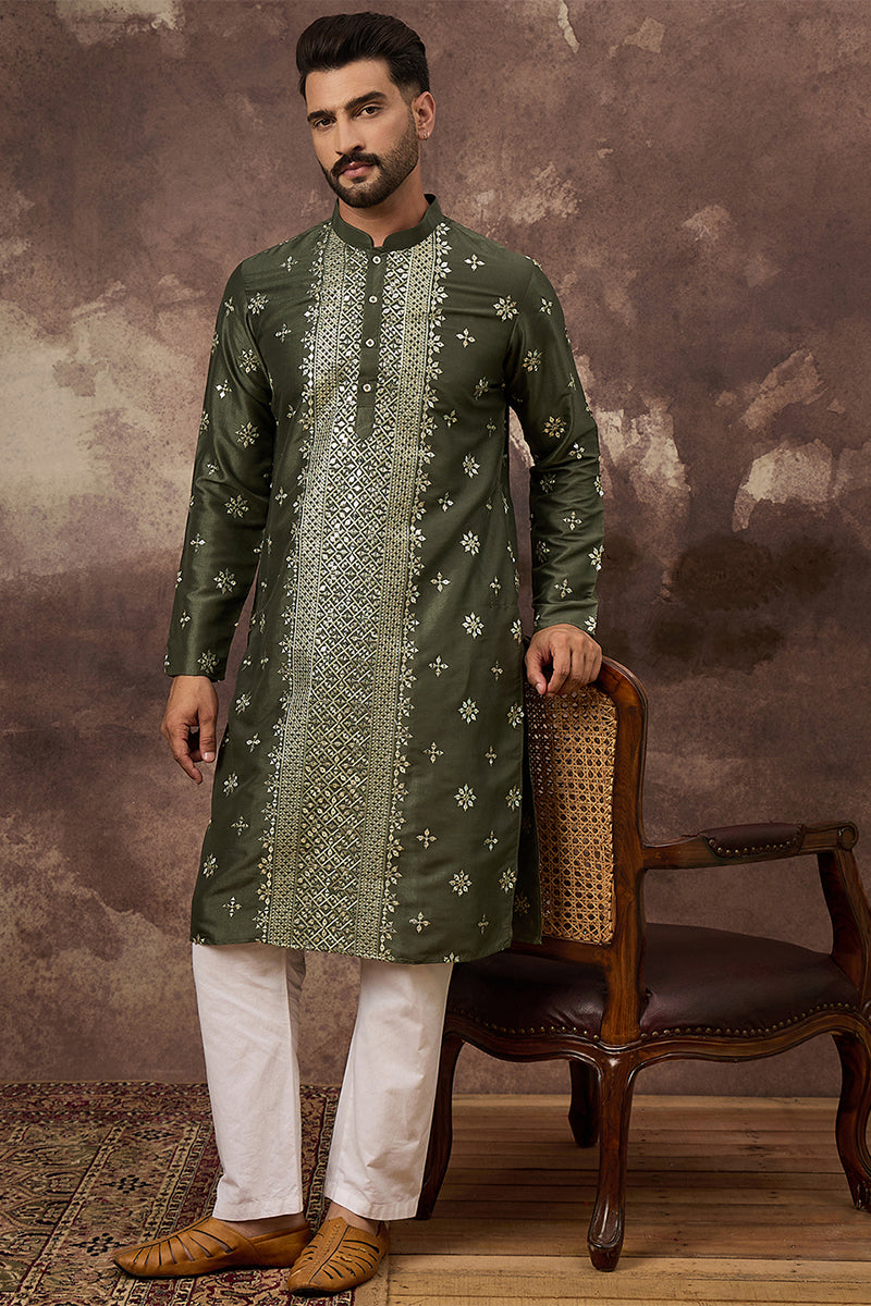Green Silk Blend Solid Embroidered Straight Kurta | SHOBITAM