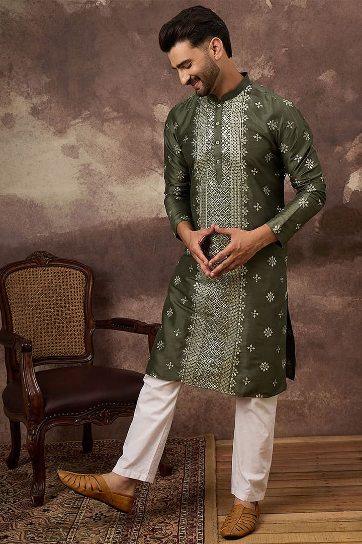 Green Silk Blend Solid Embroidered Straight Kurta With Pant Set | SHOBITAM