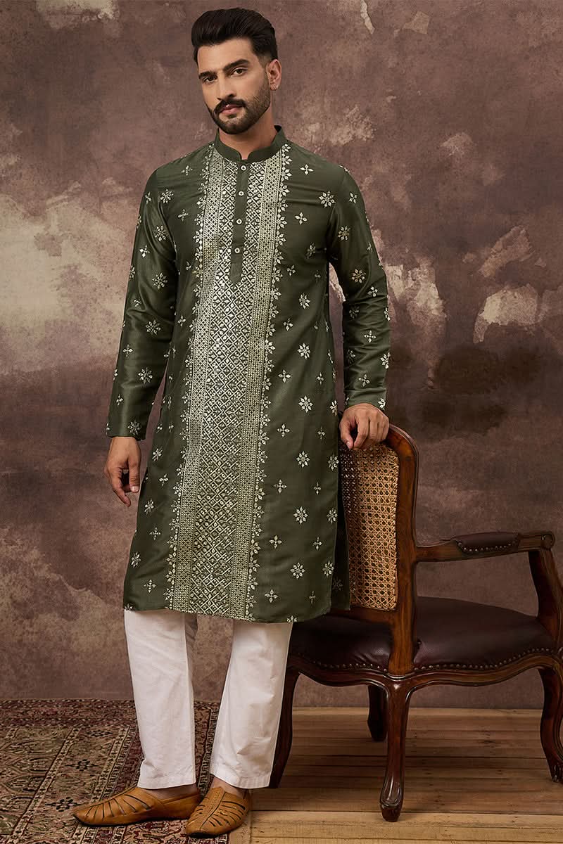 Green Silk Blend Solid Embroidered Straight Kurta With Pant Set | SHOBITAM