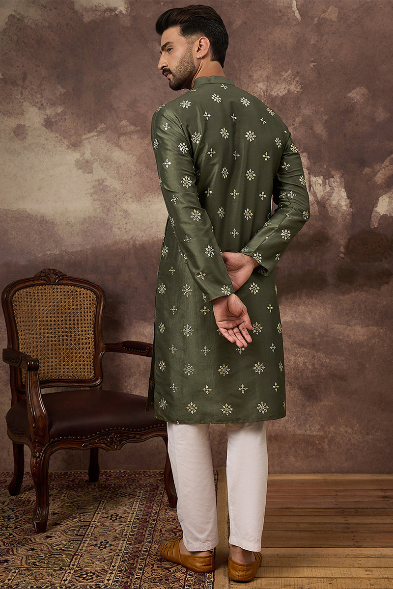 Green Silk Blend Solid Embroidered Straight Kurta | SHOBITAM