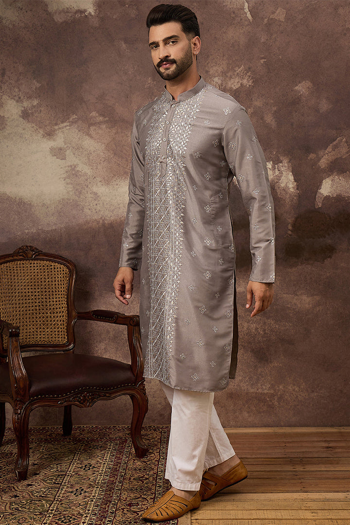 Grey Silk Blend Solid Embroidered Straight Kurta | SHOBITAM