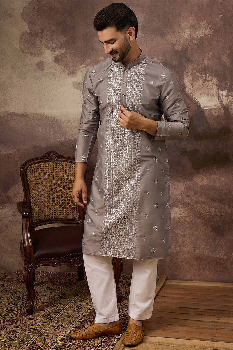 Grey Silk Blend Solid Embroidered Straight Kurta | SHOBITAM