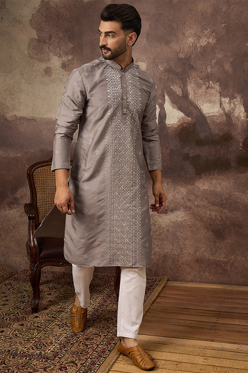 Grey Silk Blend Solid Embroidered Straight Kurta | SHOBITAM