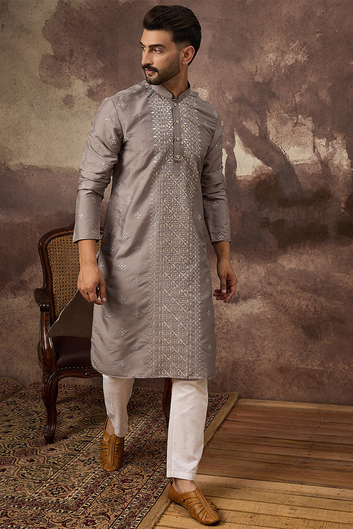Grey Silk Blend Solid Embroidered Straight Kurta | SHOBITAM