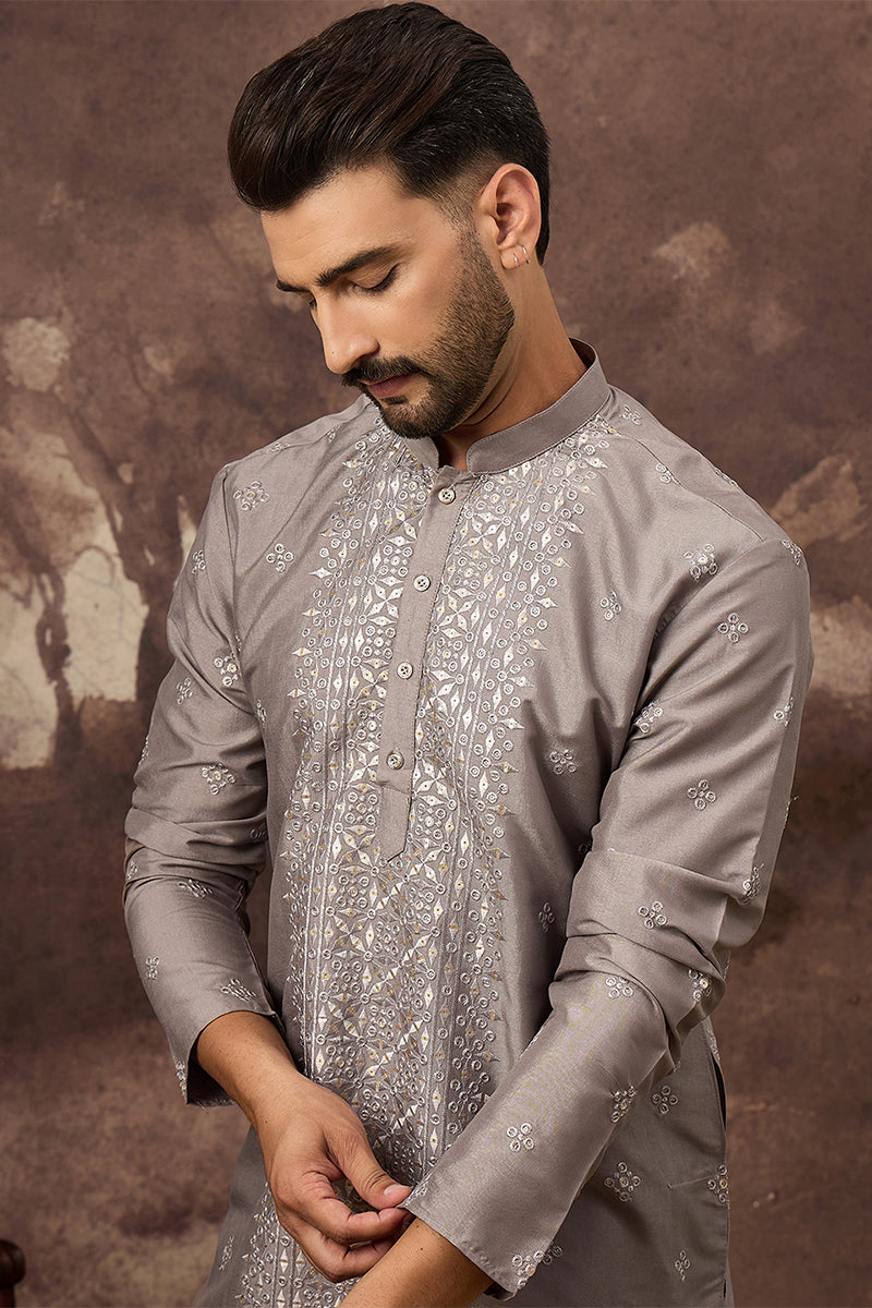 Grey Silk Blend Solid Embroidered Straight Kurta | SHOBITAM