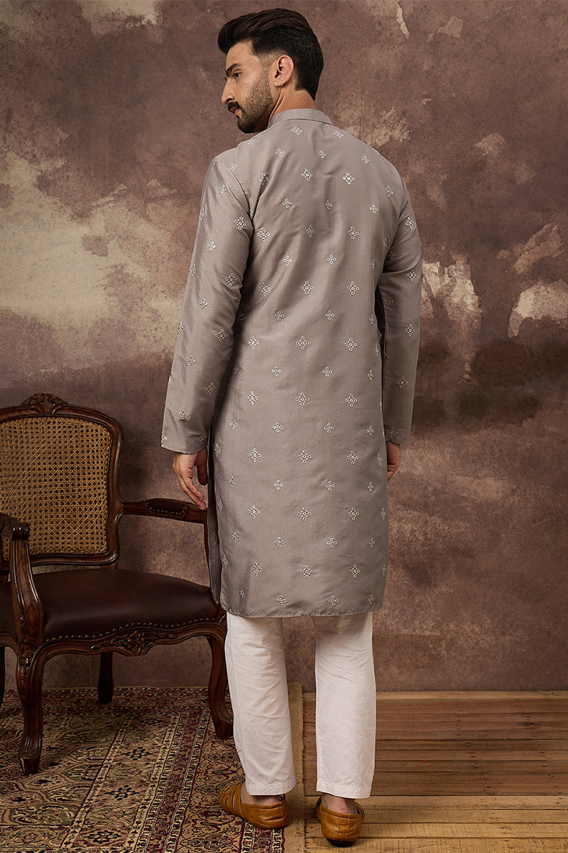 Grey Silk Blend Solid Embroidered Straight Kurta With Pant Set | SHOBITAM