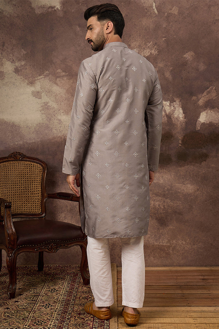 Grey Silk Blend Solid Embroidered Straight Kurta With Pant Set | SHOBITAM