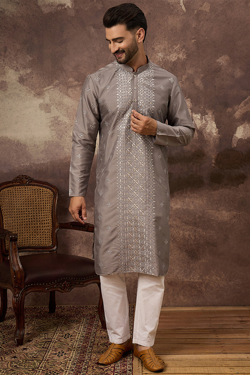 Grey Silk Blend Solid Embroidered Straight Kurta With Pant Set | SHOBITAM