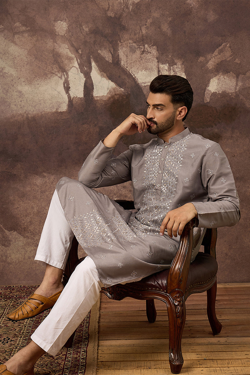 Grey Silk Blend Solid Embroidered Straight Kurta With Pant Set | SHOBITAM