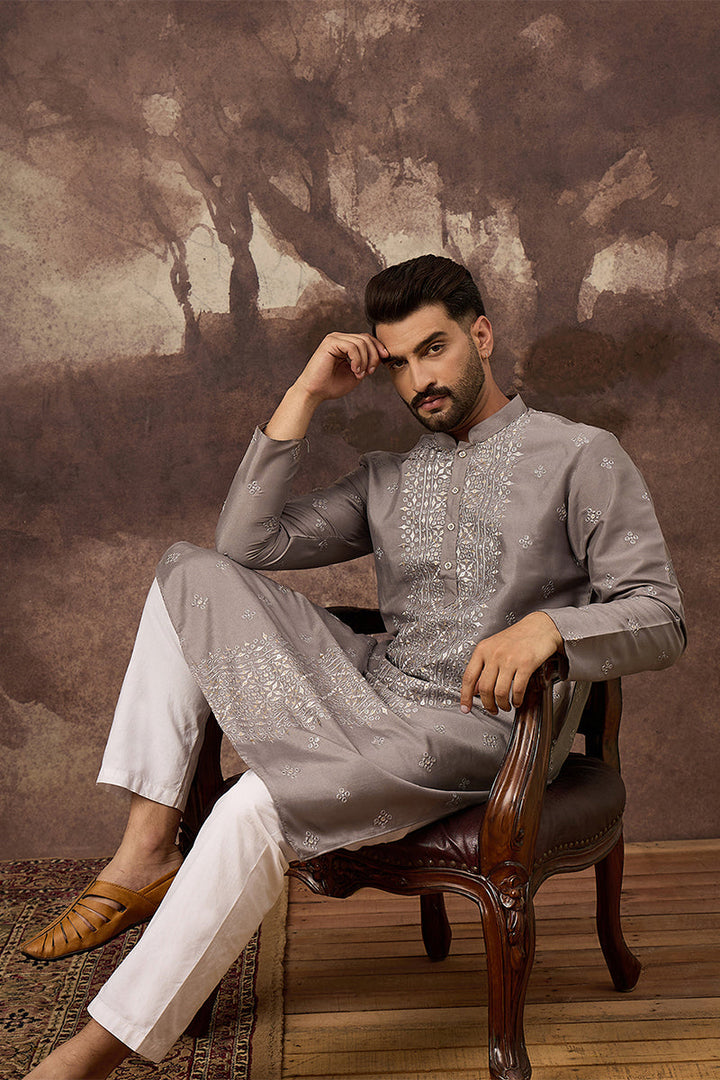 Grey Silk Blend Solid Embroidered Straight Kurta With Pant Set | SHOBITAM