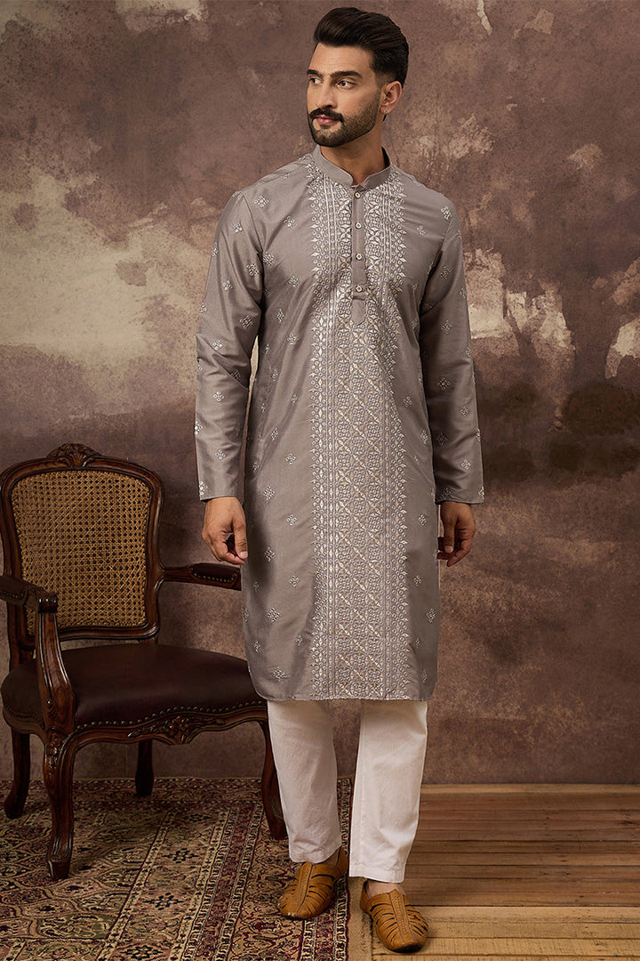 Grey Silk Blend Solid Embroidered Straight Kurta | SHOBITAM