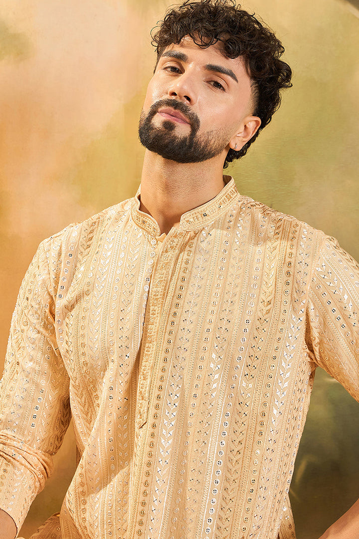 Cream Viscose Rayon Solid Embroidered Straight Kurta | SHOBITAM