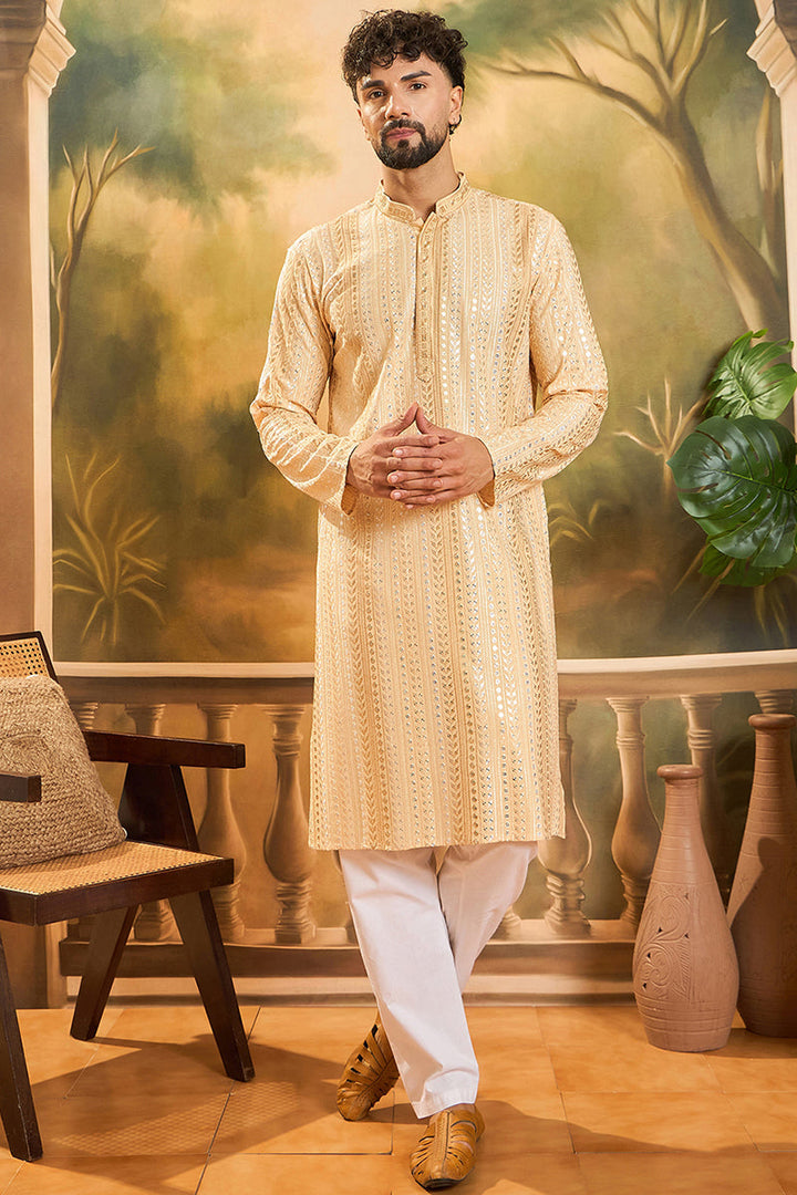 Cream Viscose Rayon Solid Embroidered Straight Kurta | SHOBITAM