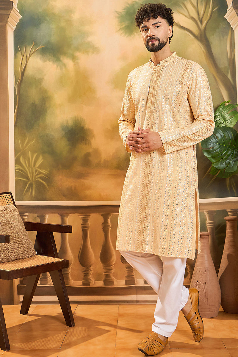 Cream Viscose Rayon Solid Embroidered Straight Kurta | SHOBITAM