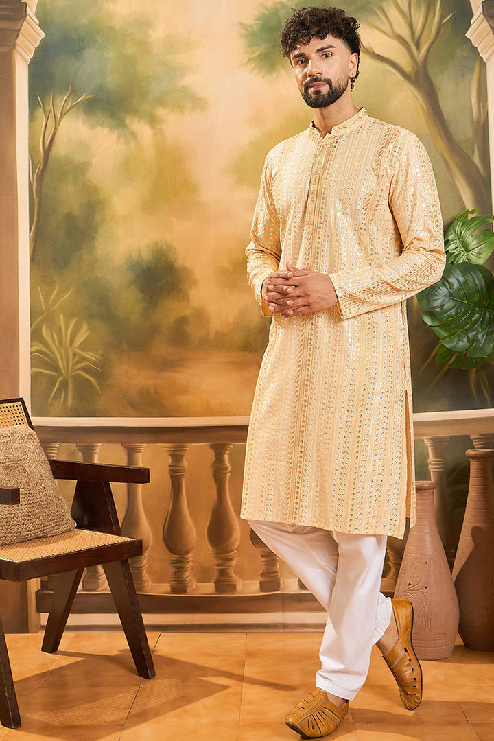 Cream Viscose Rayon Solid Embroidered Straight Kurta | SHOBITAM