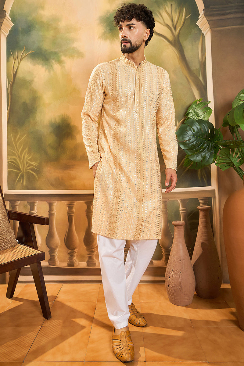 Cream Viscose Rayon Solid Embroidered Straight Kurta | SHOBITAM