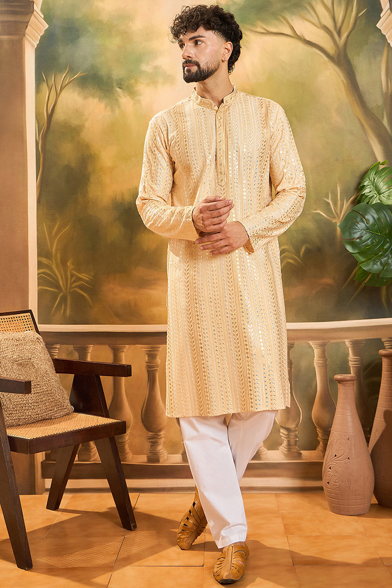 Cream Viscose Rayon Solid Embroidered Straight Kurta | SHOBITAM